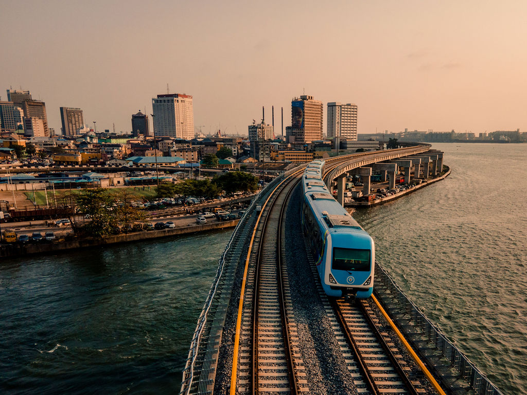 The Lagos skyline with the new metro train in the foreground.